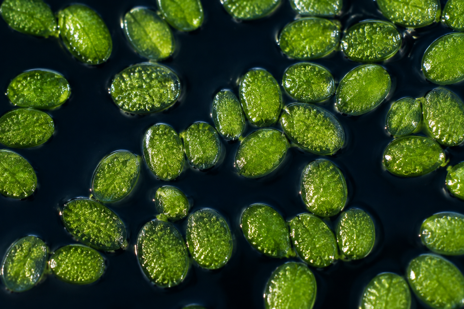 Detailaufnahme von Wolffia globosa mit grafischen Beobachtungsmarkierungen